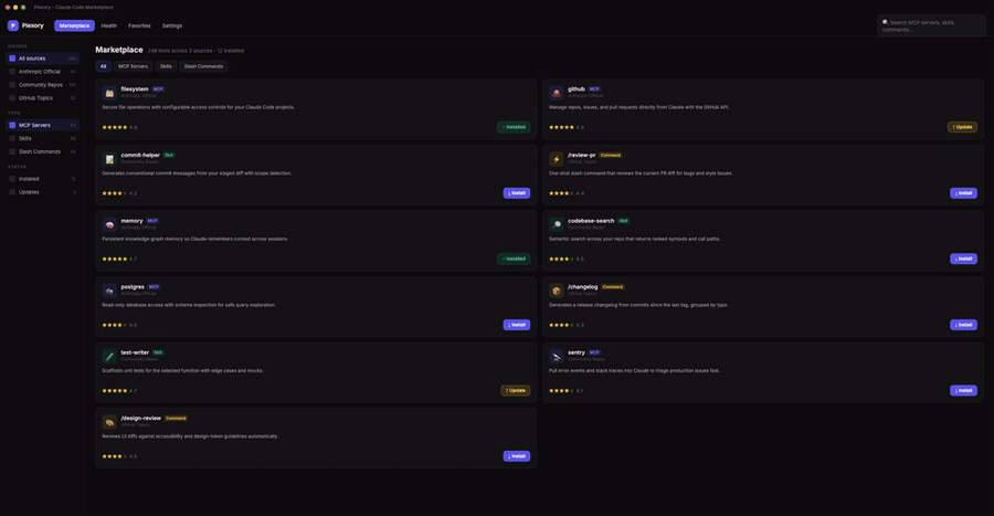 Animated Plexory demo: searching the Claude Code marketplace, opening an MCP server to install it with one click, then comparing installed skills and slash commands against what is available