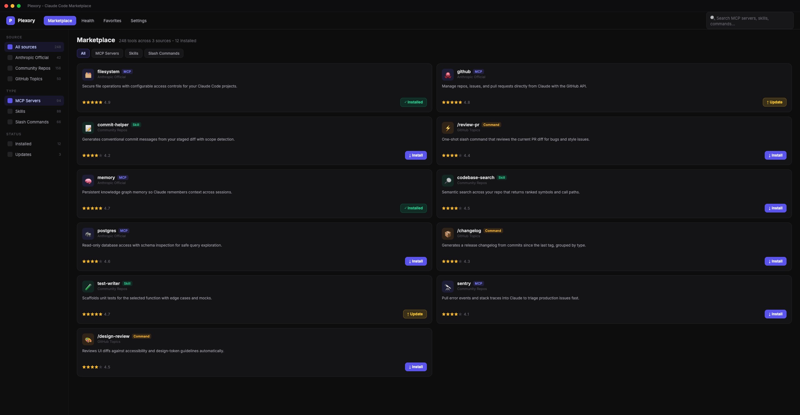 Plexory app showing the Claude Code marketplace with MCP servers, skills, and slash commands from Anthropic official, community repos, and GitHub topics, each with install status